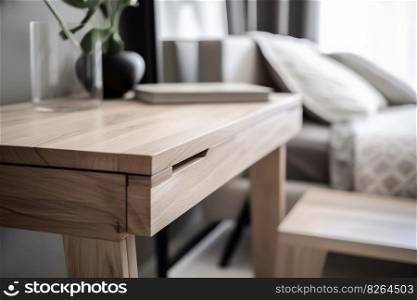 Empty wooden table top and blurred bedroom interior on the background. Copy space for your object, product, cosmetic presentation. Display, promotion, advertising. Generative AI. Empty wooden table top and blurred bedroom interior on the background. Copy space for your object, product, cosmetic presentation. Display, promotion, advertising. Generative AI.