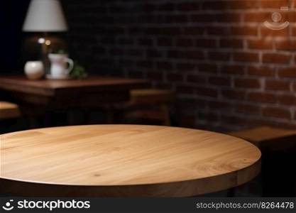 Empty wooden table top and blurred cafe interior on the background. Copy space for your object, product, food or drink presentation. Generative AI. Empty wooden table top and blurred cafe interior on the background. Copy space for your object, product, food or drink presentation. Generative AI.