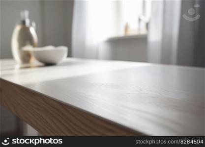 Empty wooden table top and blurred dining room interior on the background. Copy space for your object, product, food presentation. Generative AI. Empty wooden table top and blurred dining room interior on the background. Copy space for your object, product, food presentation. Generative AI.