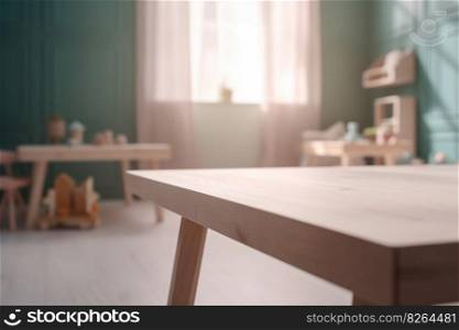 Empty wooden table top and blurred kids room interior on the background. Copy space for your object, product, toy presentation. Display, promotion, advertising. Generative AI. Empty wooden table top and blurred kids room interior on the background. Copy space for your object, product, toy presentation. Display, promotion, advertising. Generative AI.