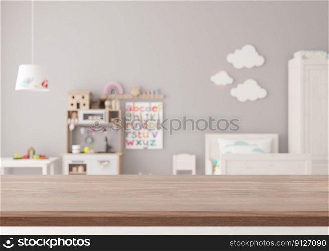 Empty wooden table top and blurred kids room interior on the background. Copy space for your object, product presentation. 3D rendering. Empty wooden table top and blurred kids room interior on the background. Copy space for your object, product presentation. 3D rendering.