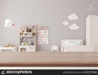Empty wooden table top and blurred kids room interior on the background. Copy space for your object, product presentation. 3D rendering. Empty wooden table top and blurred kids room interior on the background. Copy space for your object, product presentation. 3D rendering.