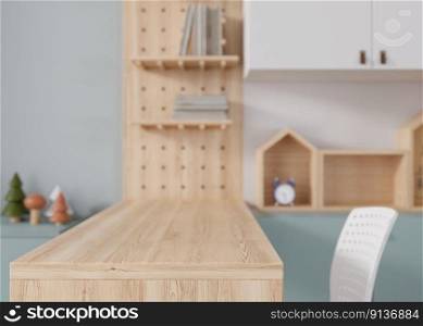 Empty wooden table top and blurred kids room interior on the background. Copy space for your object, product, toy presentation. Display, promotion, advertising. 3D rendering. Empty wooden table top and blurred kids room interior on the background. Copy space for your object, product, toy presentation. Display, promotion, advertising. 3D rendering.