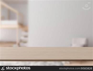 Empty wooden table top and blurred kids room interior on the background. Copy space for your object, product, toy presentation. Display, promotion, advertising. 3D Rendering. Empty wooden table top and blurred kids room interior on the background. Copy space for your object, product, toy presentation. Display, promotion, advertising. 3D Rendering.