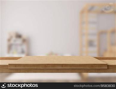 Empty wooden table top and blurred kids room interior on the background. Copy space for your object, product, toy presentation. Display, promotion, advertising. 3D Rendering. Empty wooden table top and blurred kids room interior on the background. Copy space for your object, product, toy presentation. Display, promotion, advertising. 3D Rendering.