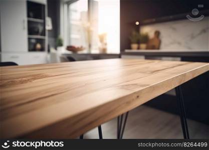 Empty wooden table top and blurred kitchen, dining room interior on the background. Copy space for your object, product, food presentation. Generative AI. Empty wooden table top and blurred kitchen, dining room interior on the background. Copy space for your object, product, food presentation. Generative AI.
