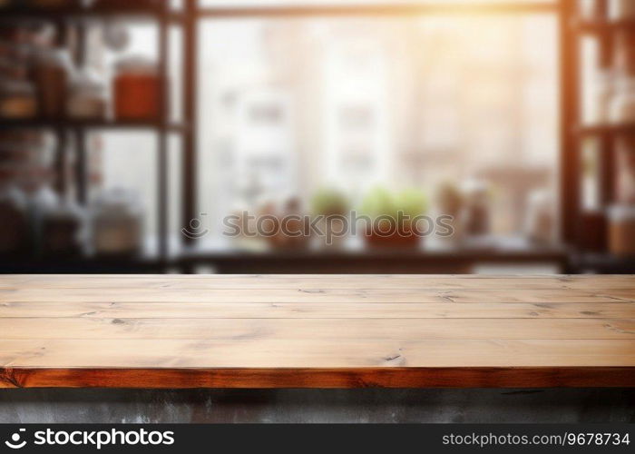 Empty wooden table top and blurred kitchen interior on the background. Copy space for your object, product, food presentation. Generative AI. Empty wooden table top and blurred kitchen interior on the background. Copy space for your object, product, food presentation. Generative AI.