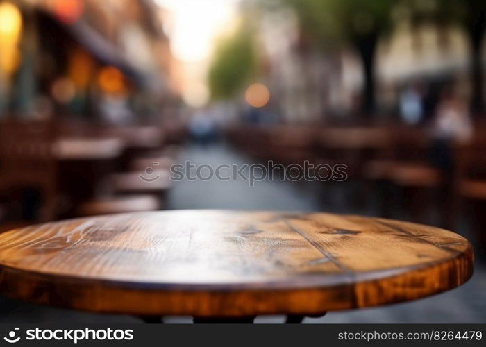 Empty wooden table top and blurred outdoor cafe on the background. Copy space for your object, product, food or drink presentation. Generative AI. Empty wooden table top and blurred outdoor cafe on the background. Copy space for your object, product, food or drink presentation. Generative AI.