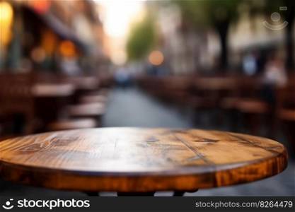 Empty wooden table top and blurred outdoor cafe on the background. Copy space for your object, product, food or drink presentation. Generative AI. Empty wooden table top and blurred outdoor cafe on the background. Copy space for your object, product, food or drink presentation. Generative AI.