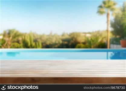 Empty wooden table top and blurred outdoor pool, spa on the background. Copy space for your object, product presentation. Display, promotion, advertising. Holiday, vacation, relax mood. Generative AI. Empty wooden table top and blurred outdoor pool, spa on the background. Copy space for your object, product presentation. Display, promotion, advertising. Holiday, vacation, relax mood. Generative AI.