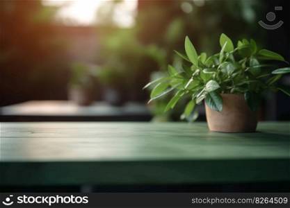 Empty wooden table top and blurred plants on the background. Copy space for your object, product presentation. Display, promotion, advertising. Generative AI. Empty wooden table top and blurred plants on the background. Copy space for your object, product presentation. Display, promotion, advertising. Generative AI.