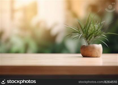 Empty wooden table top and blurred plants on the background. Copy space for your object, product presentation. Display, promotion, advertising. Generative AI. Empty wooden table top and blurred plants on the background. Copy space for your object, product presentation. Display, promotion, advertising. Generative AI.