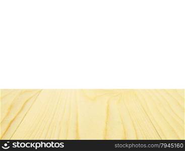 Empty wooden table top for product placement with white background