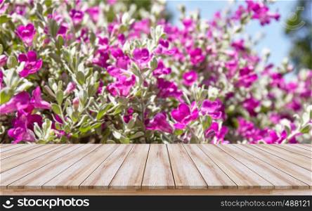 Empty wooden table top with beautiful purple flower background, Design for montage products display or mock-up visual layout for promotion