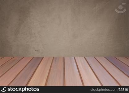 Empty wooden table top with concrete wall background. For product display