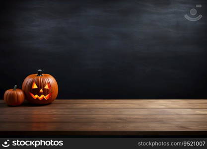 Empty wooden table top with Halloween pumpkin, Jack O’Lantern. Copy space for your object, product presentation. Display, promotion, advertising. Empty scene. Happy Halloween. Generative AI. Empty wooden table top with Halloween pumpkin, Jack O’Lantern. Copy space for your object, product presentation. Display, promotion, advertising. Empty scene. Happy Halloween. Generative AI.