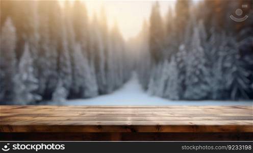 Empty wooden table winter season. Light snowy. Generate Ai. Empty wooden table winter season. Generate Ai