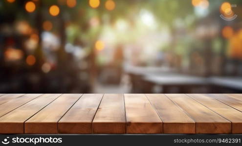 Empty Wooden Table with a Blurred Outdoor Cafe Background. Generative ai. High quality illustration. Empty Wooden Table with a Blurred Outdoor Cafe Background. Generative ai