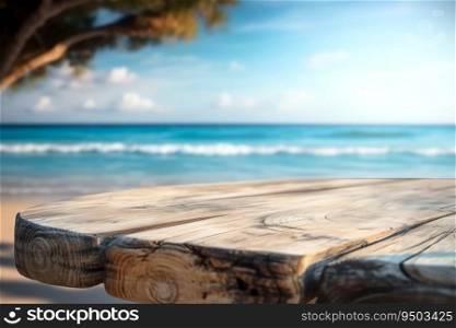 Empty wooden table with beach background made with Generative AI
