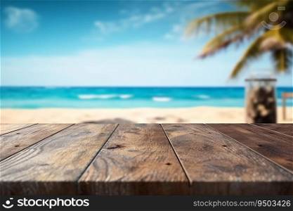 Empty wooden table with beach background made with Generative AI
