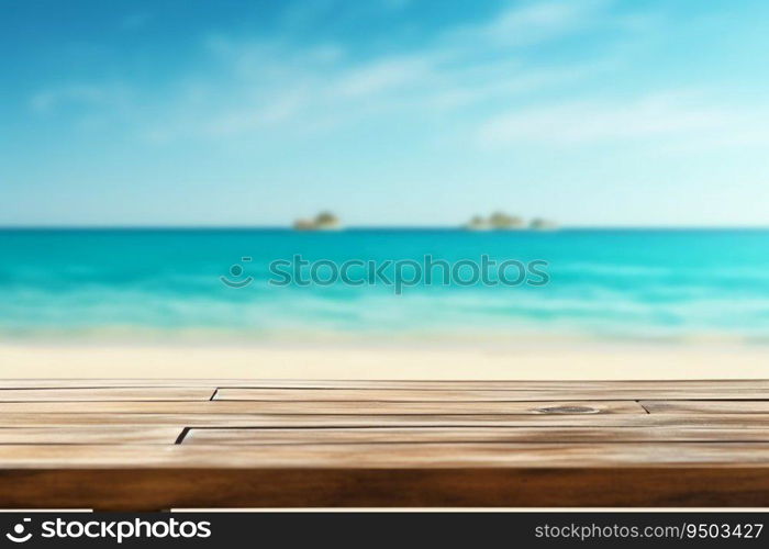 Empty wooden table with beach background made with Generative AI