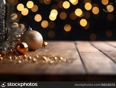 Empty wooden table with christmas tree balls.AI Generative