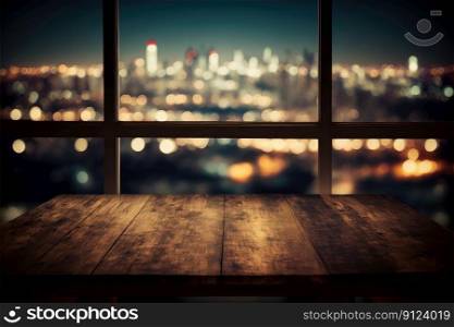 Empty wooden table with large window view through cityscape background. Concept of building office or condominium outside perspective. Finest generative AI.. Empty wooden table with large window view through cityscape background.