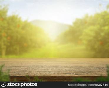 Empty wooden table with more space than orange trees, orange field background for product display montage
