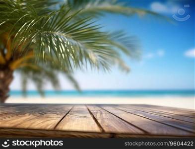 Empty wooden table with sea and palms with blue sky background.Ai Generative