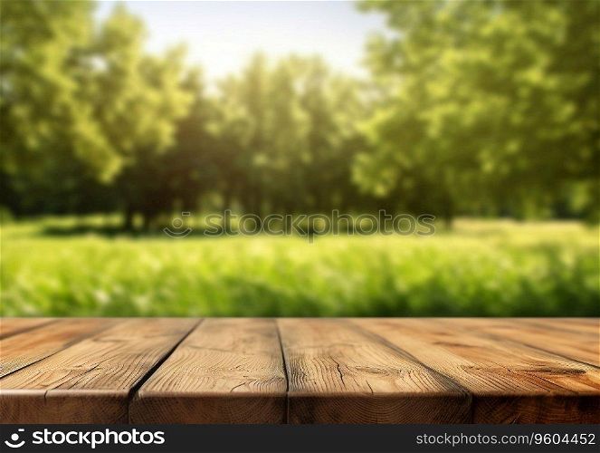 Empty wooden table with summer green forest park background.Ai Generative