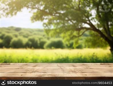 Empty wooden table with summer green forest park background.AI Generative