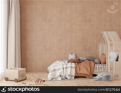 Empty wooden wall in modern child room. Mock up interior in scandinavian style. Free, copy space for your picture, poster. Bed, toys. Cozy room for kids. 3D rendering. Empty wooden wall in modern child room. Mock up interior in scandinavian style. Free, copy space for your picture, poster. Bed, toys. Cozy room for kids. 3D rendering.