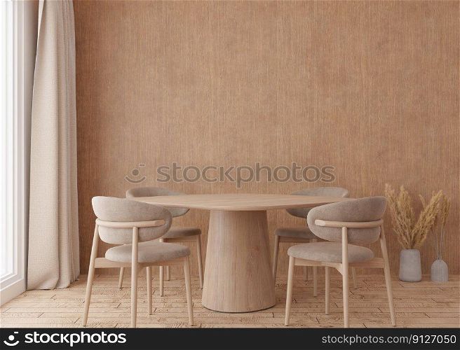 Empty wooden wall in modern living room. Mock up interior in scandinavian, boho style. Free, copy space for your picture, text, or another design. Table with chairs, p&as grass. 3D rendering. Empty wooden wall in modern living room. Mock up interior in scandinavian, boho style. Free, copy space for your picture, text, or another design. Table with chairs, p&as grass. 3D rendering.