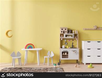 Empty yellow wall in modern child room. Mock up interior in scandinavian style. Copy space for your picture or poster. Table with chairs, sideboard, toys. Cozy room for kids. 3D rendering. Empty yellow wall in modern child room. Mock up interior in scandinavian style. Copy space for your picture or poster. Table with chairs, sideboard, toys. Cozy room for kids. 3D rendering.