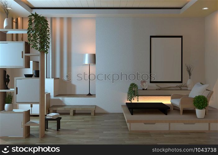 Empty zen room interior background with shelf wall japanese style design hidden light.3d rendering