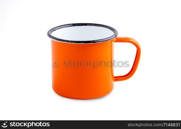 Enamel metal camp mug for coffee or tea on white background. Enamel camp mug