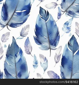 Enchanting Blue Feather and Leaf Watercolor Seamless Pattern. Generative AI.