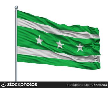 Encino City Flag On Flagpole, Country Colombia, Santander Department, Isolated On White Background. Encino City Flag On Flagpole, Colombia, Santander Department, Isolated On White Background