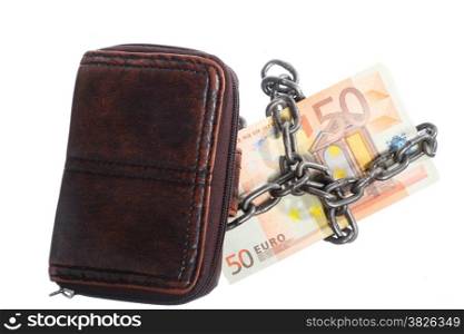 End of personal spending. Female purse euro banknote currency in chain isolated on white