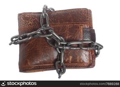 End of personal spending. Poor economy represented by empty wallet in chain isolated on white
