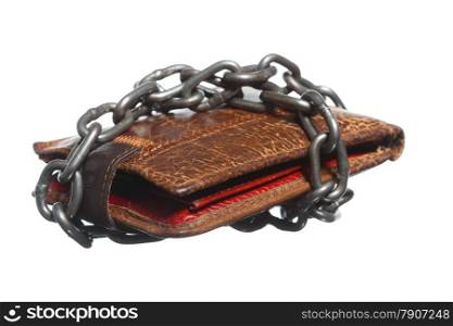 End of personal spending. Poor economy represented by empty wallet in chain isolated on white