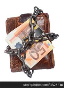 End of personal spending. Wallet euro banknote currency in chain isolated on white