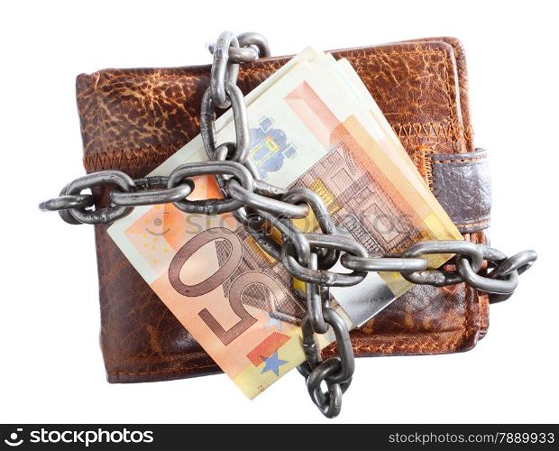 End of personal spending. Wallet euro banknote currency in chain isolated on white