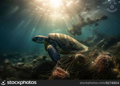 Endangered turtle navigates a fishing net in ocean, a powerful reminder of impact of pollution on marine life. The image serves as a call to action for environmental sustainability. AI Generative. 
