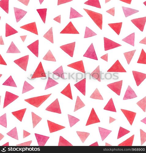 Endless watercolor pink triangles pattern. Handmade seamless geometric illustration on a white background. For design of clothes, notebooks, decor and more.