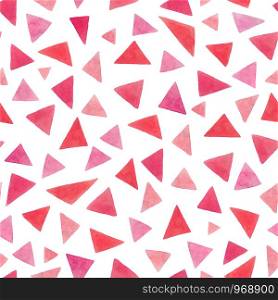 Endless watercolor pink triangles pattern. Handmade seamless geometric illustration on a white background. For design of clothes, notebooks, decor and more.
