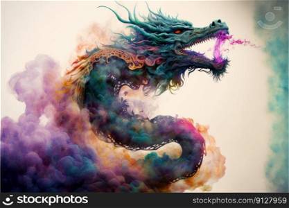 Energetic powerful of dragon multicolor pastel powder with isolated background. Concept of ancient chinese culture in fairly tale. Finest generative AI.. Energetic powerful of dragon multicolor pastel powder with isolated background.