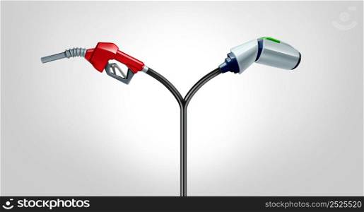 Energy choice concept as EV or electric vehicle battery technology and traditional fossil fuel gas pump representing transportation fueling decisions as a 3D illustration.