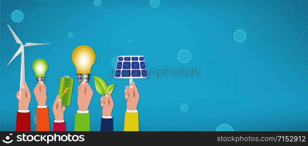 Energy community. Prosumer sustainable and renewable energy. Alternative energy production. Economic sharing of self-produced energy. Green social media. Light bulb. Copy space
