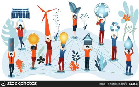 Energy community. Prosumer sustainable and renewable energy. Economic sharing of self-produced energy. Ecological industry or home. Alternative energy production. Green social media